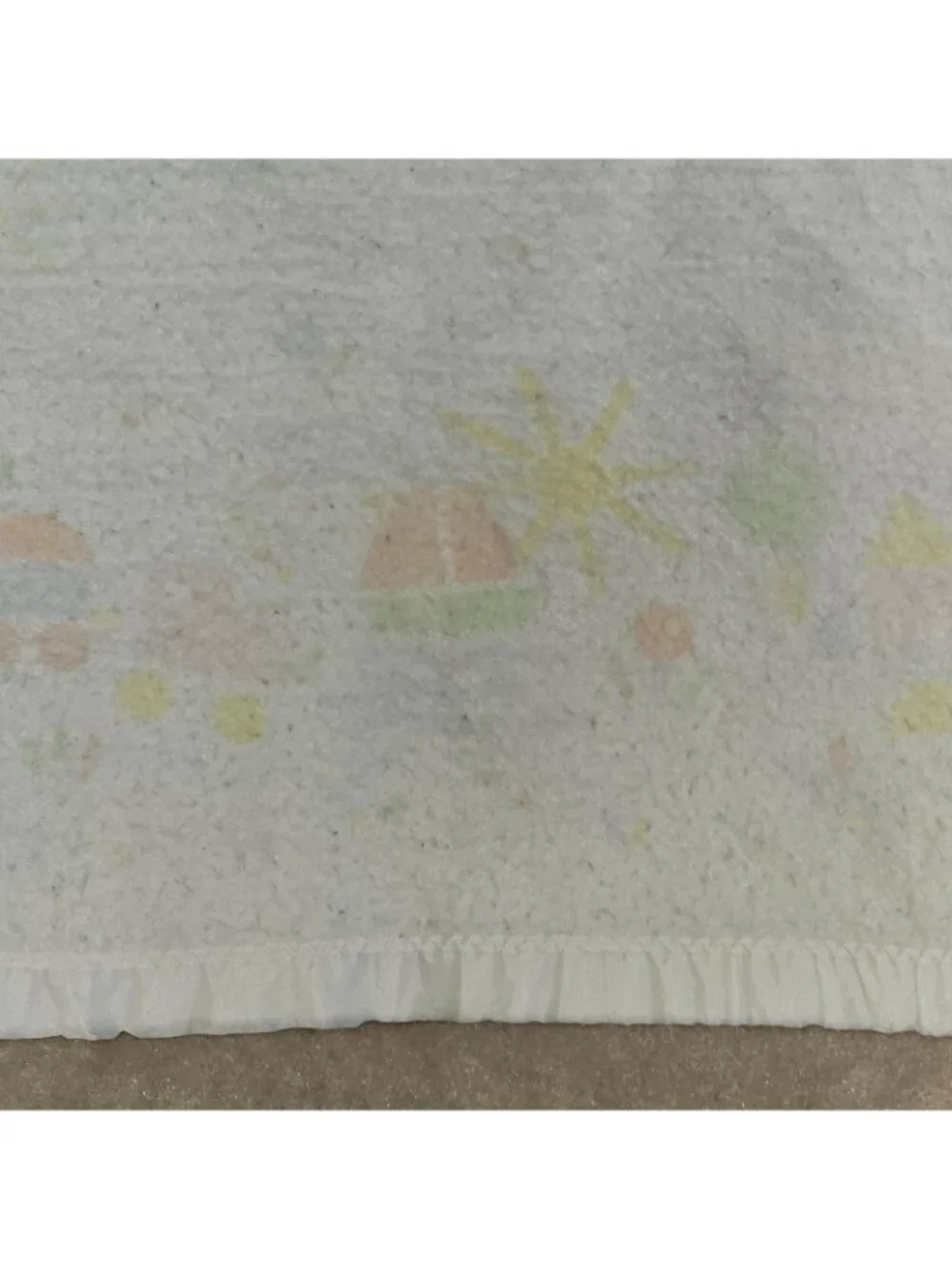 VTG WPL 1675 Acrylic Baby Blanket Satin Trim Boat Train Sun Tree FADED AS IS